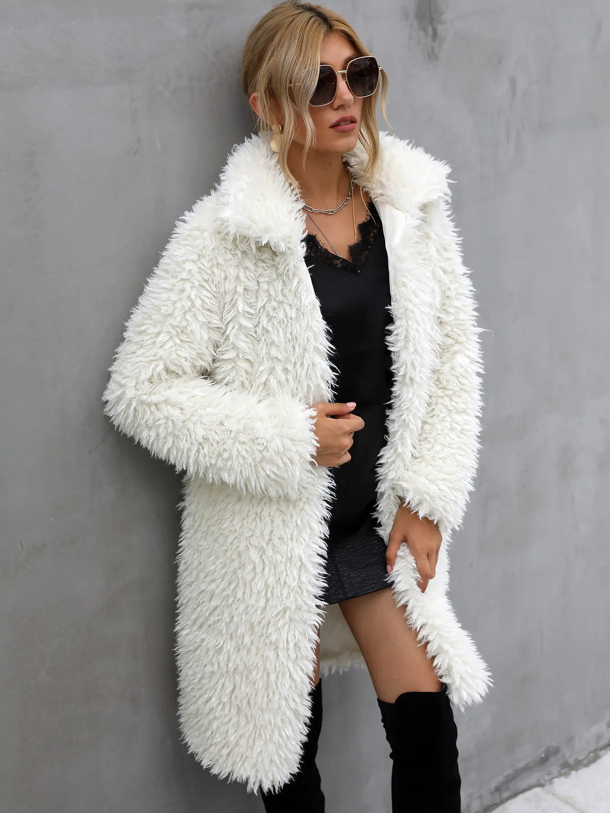 Manteau Long en Imitation Fourrure Blanc Crème – vue 3
