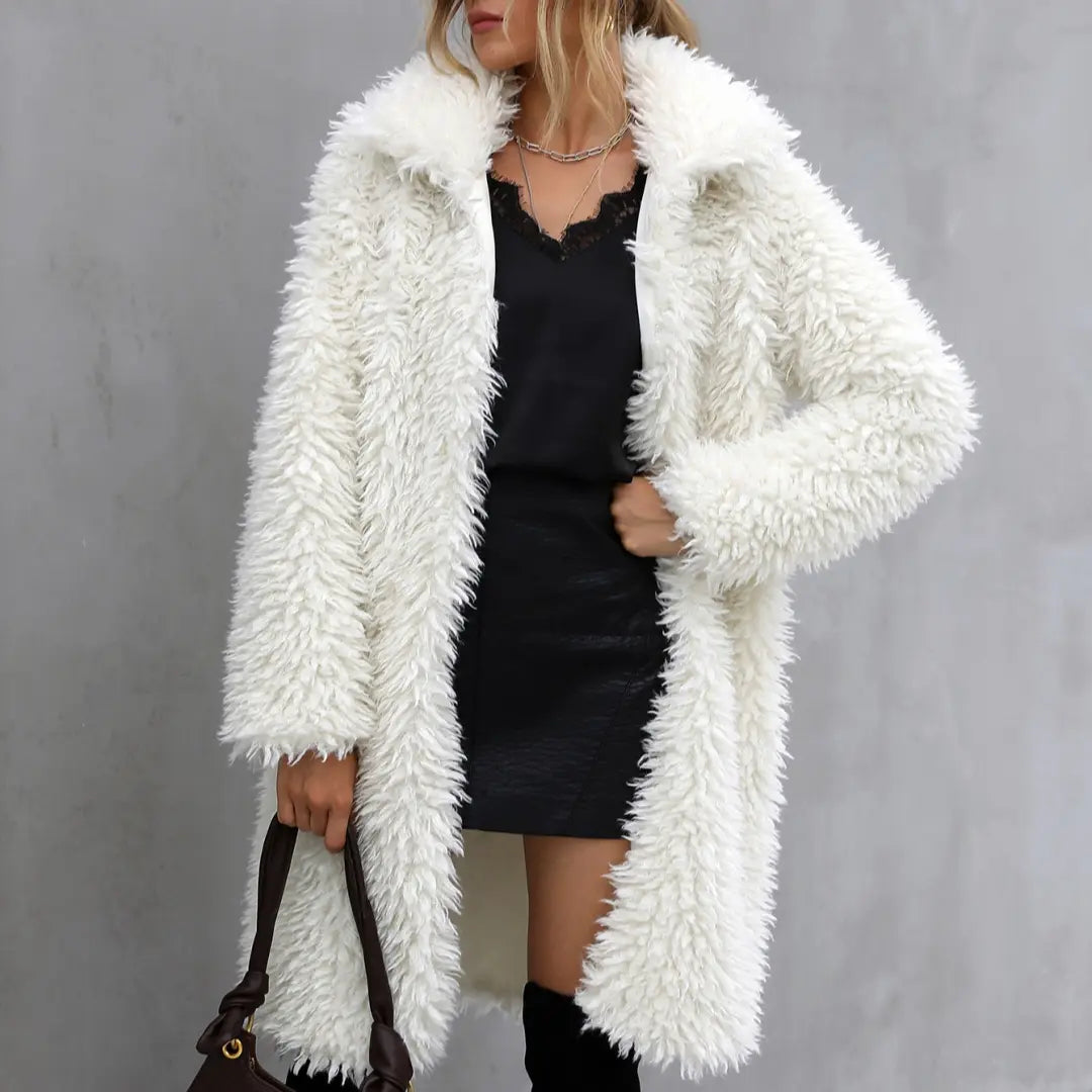 Manteau Long en Imitation Fourrure Blanc Crème – Blanc crème