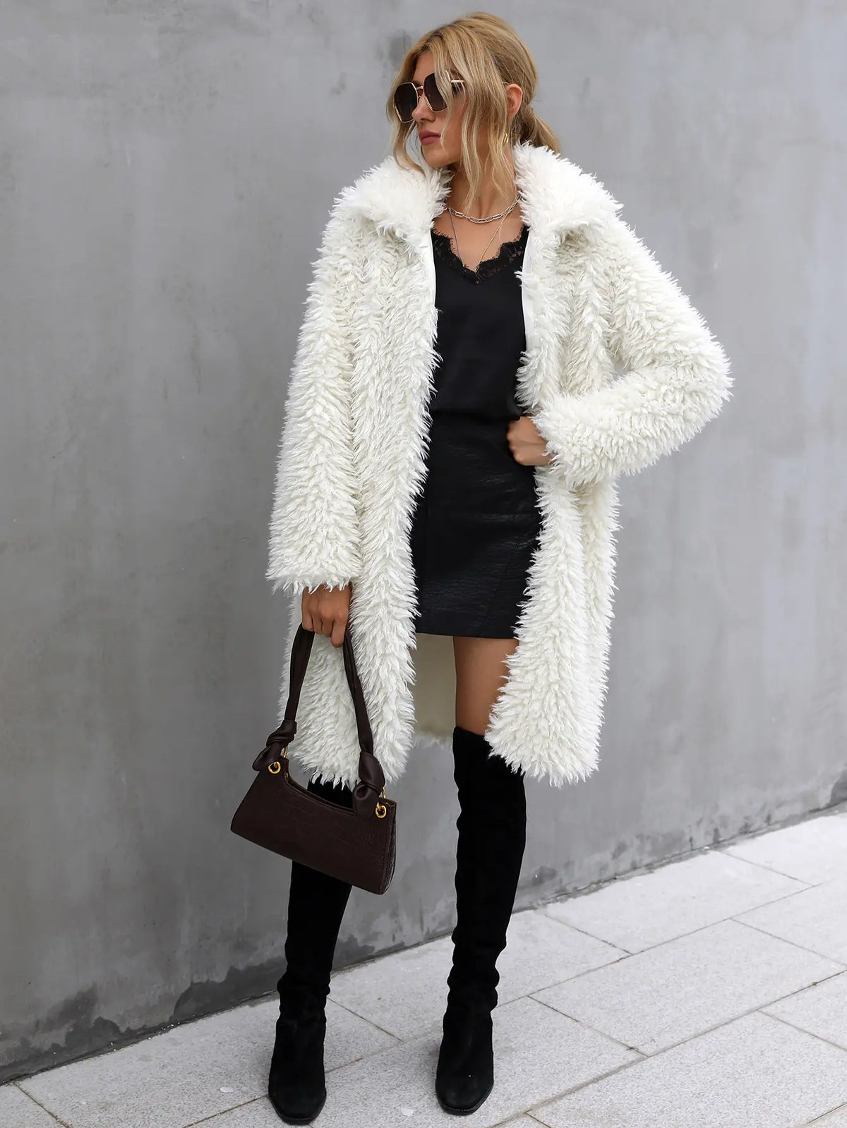 Manteau Long en Imitation Fourrure Blanc Crème – vue 2