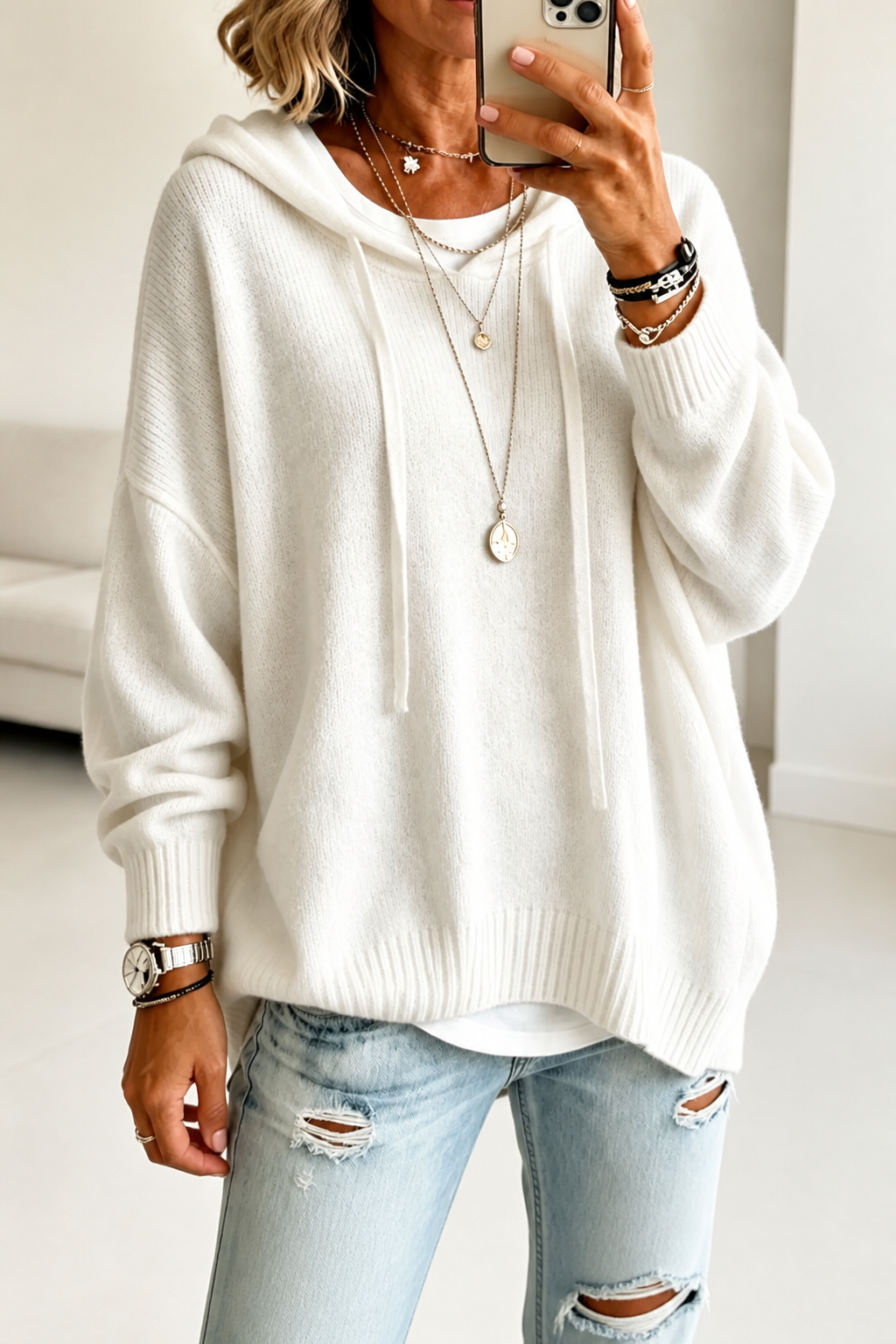 Pull Oversize à Capuche en Maille Acrylique – Blanc