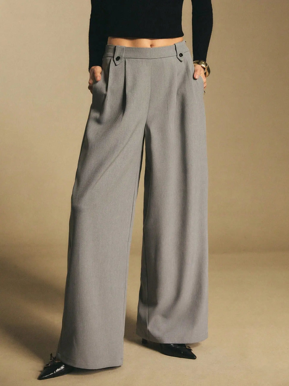 Pantalon Large Taille Haute à Pinces – Gris