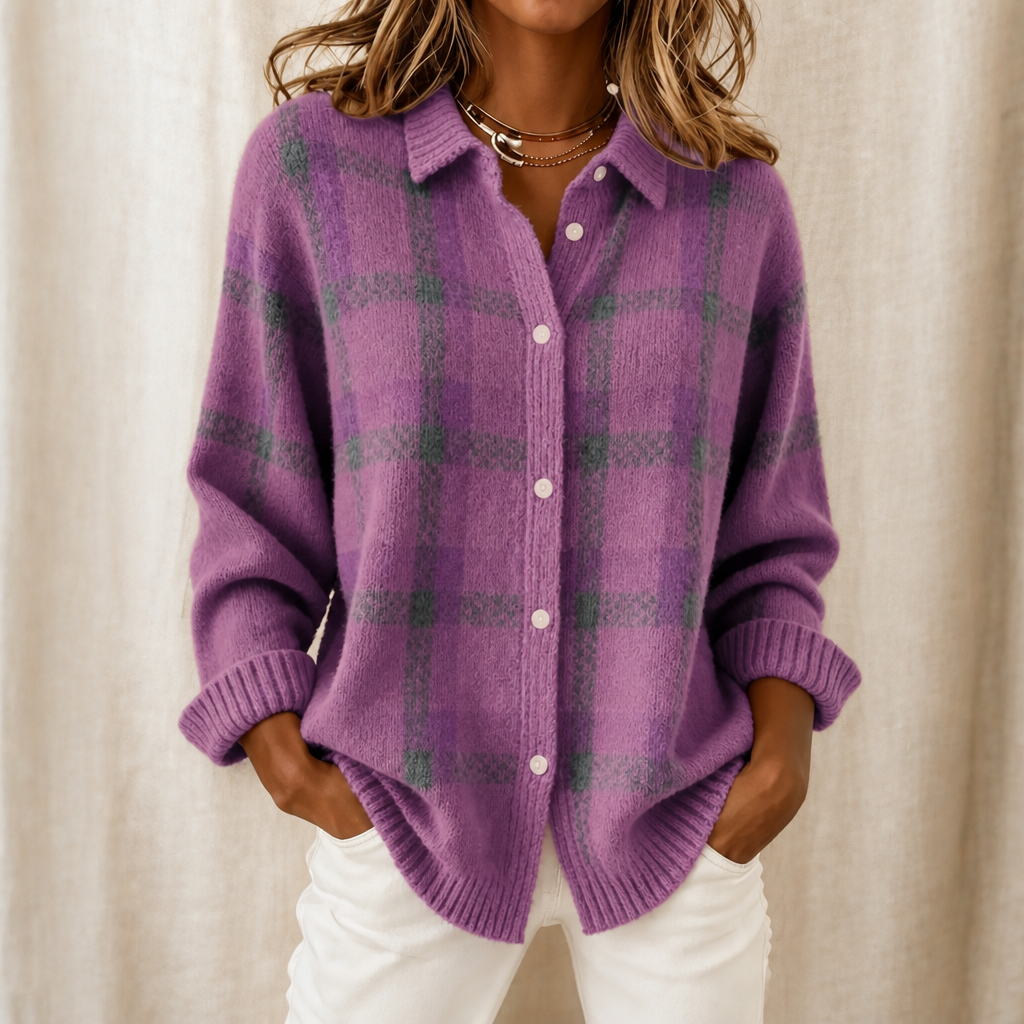 Gilet à Carreaux Col Chemise Boutonné – Lilas