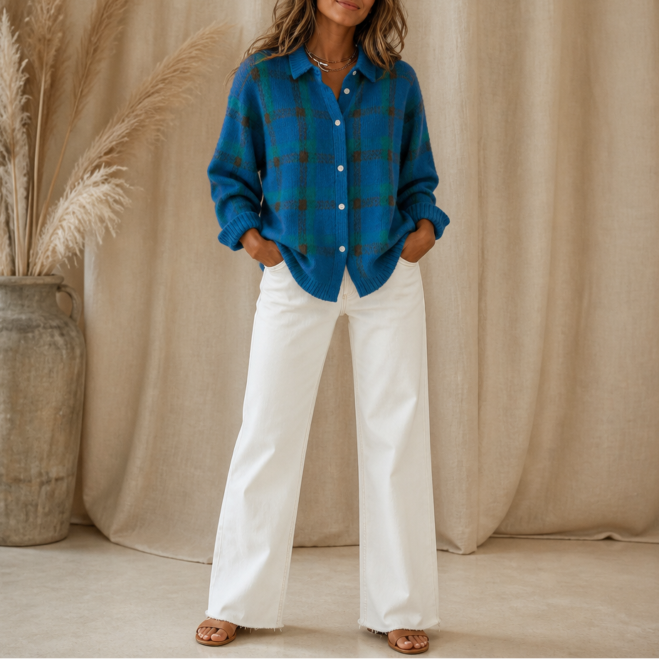 Gilet à Carreaux Col Chemise Boutonné – Bleu pétrole
