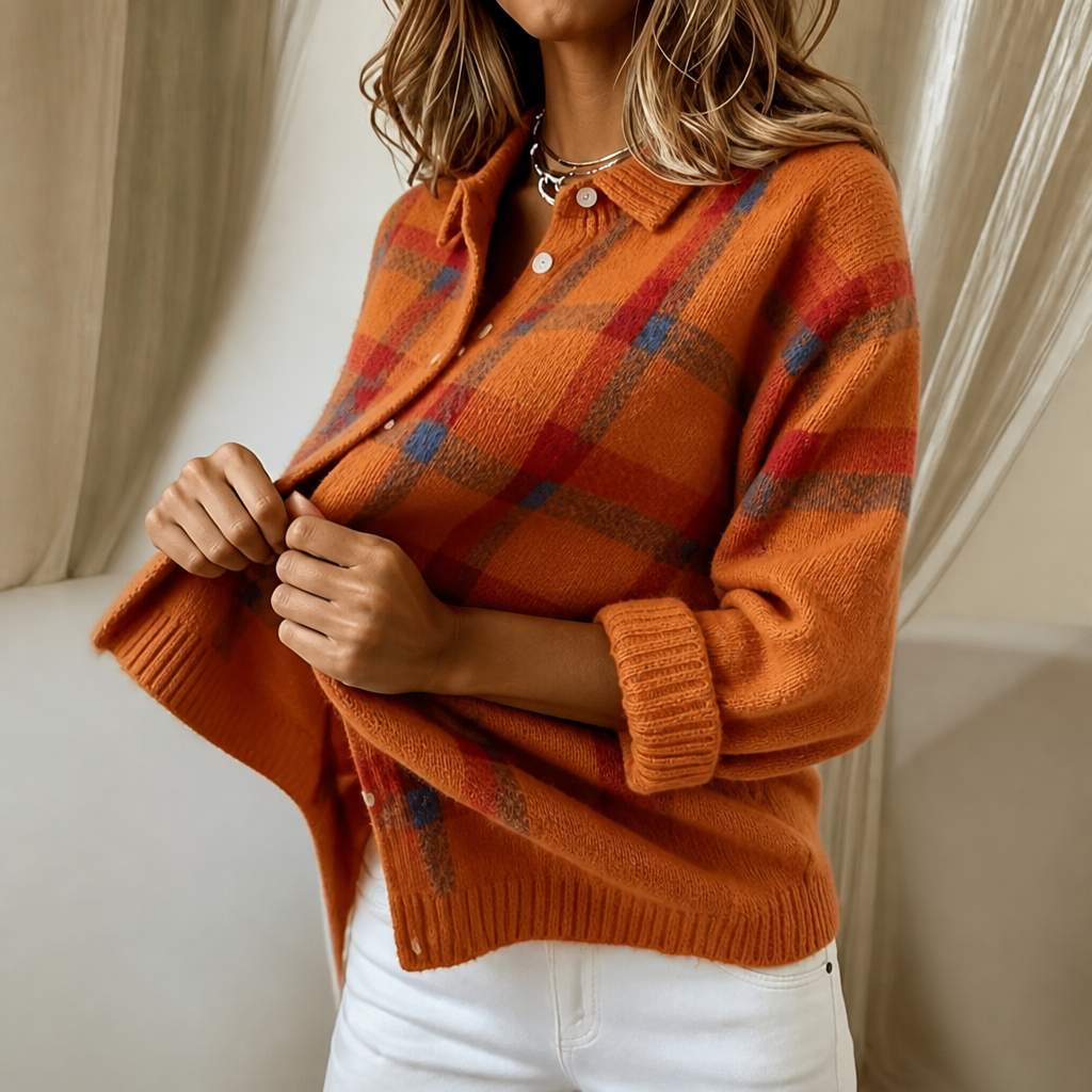 Gilet à Carreaux Col Chemise Boutonné – Orange