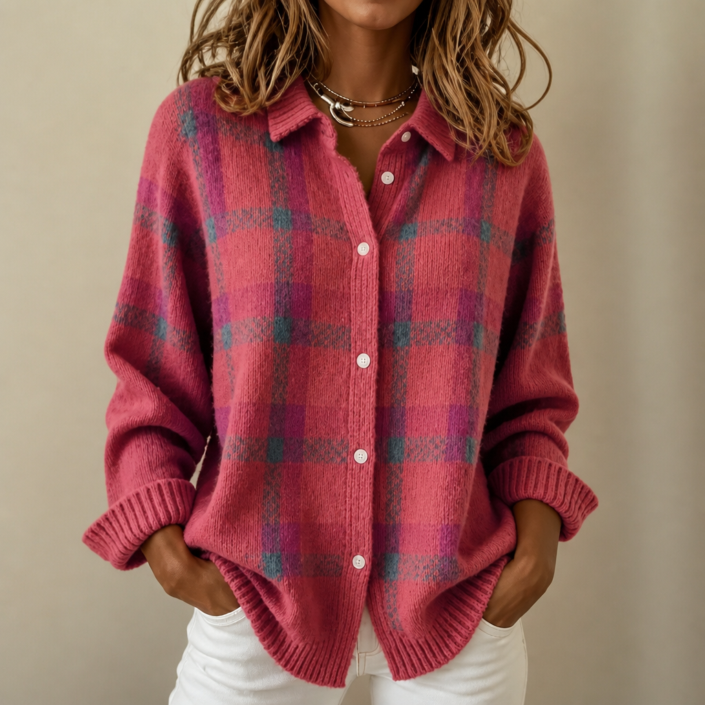 Gilet à Carreaux Col Chemise Boutonné – Rose corail