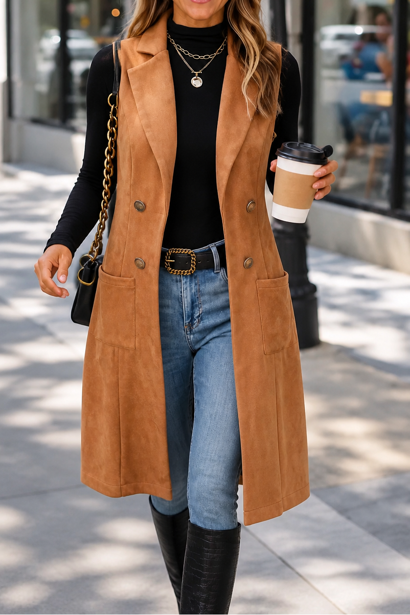 Gilet Long Sans Manches Devant Ouvert – Kaki