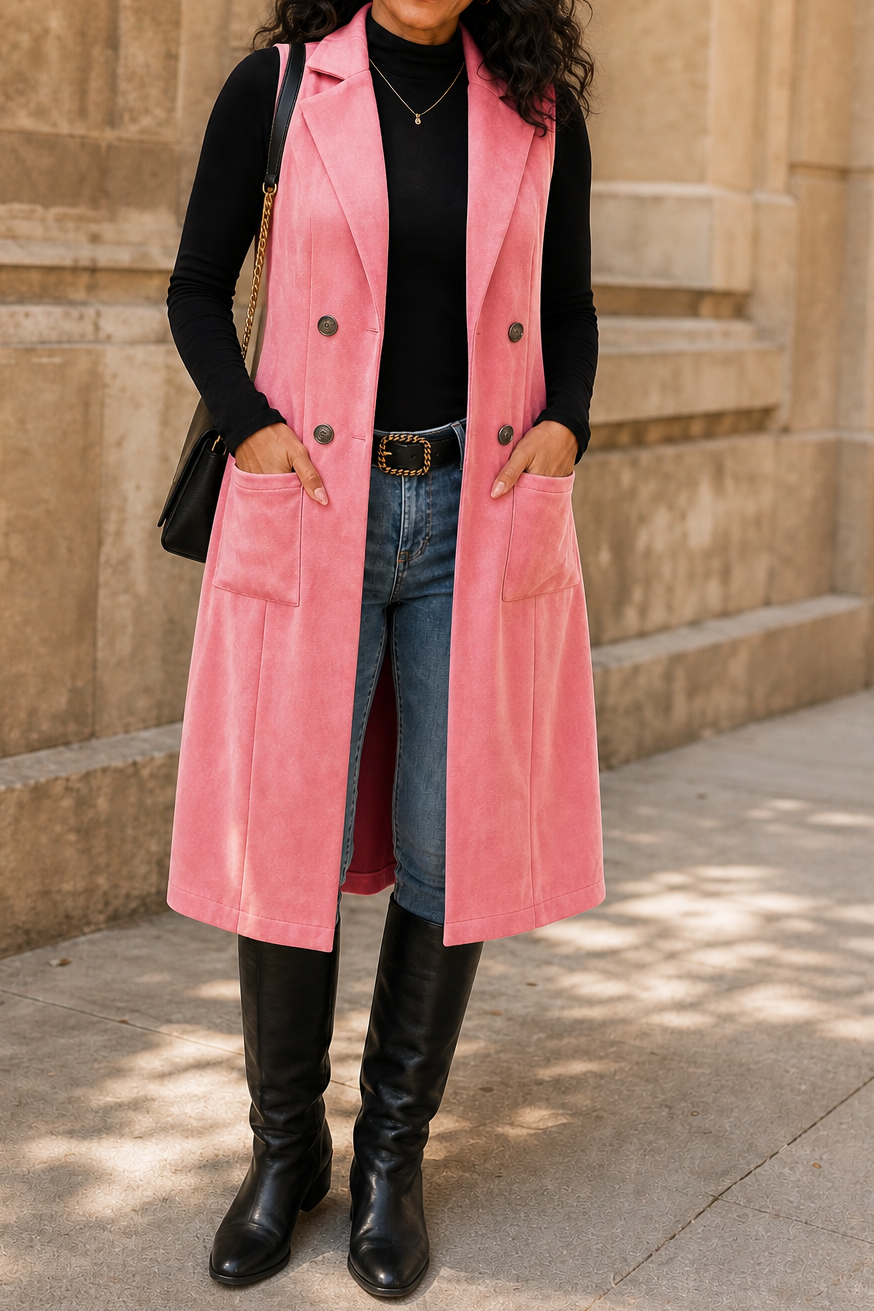 Gilet Long Sans Manches Devant Ouvert – Rose