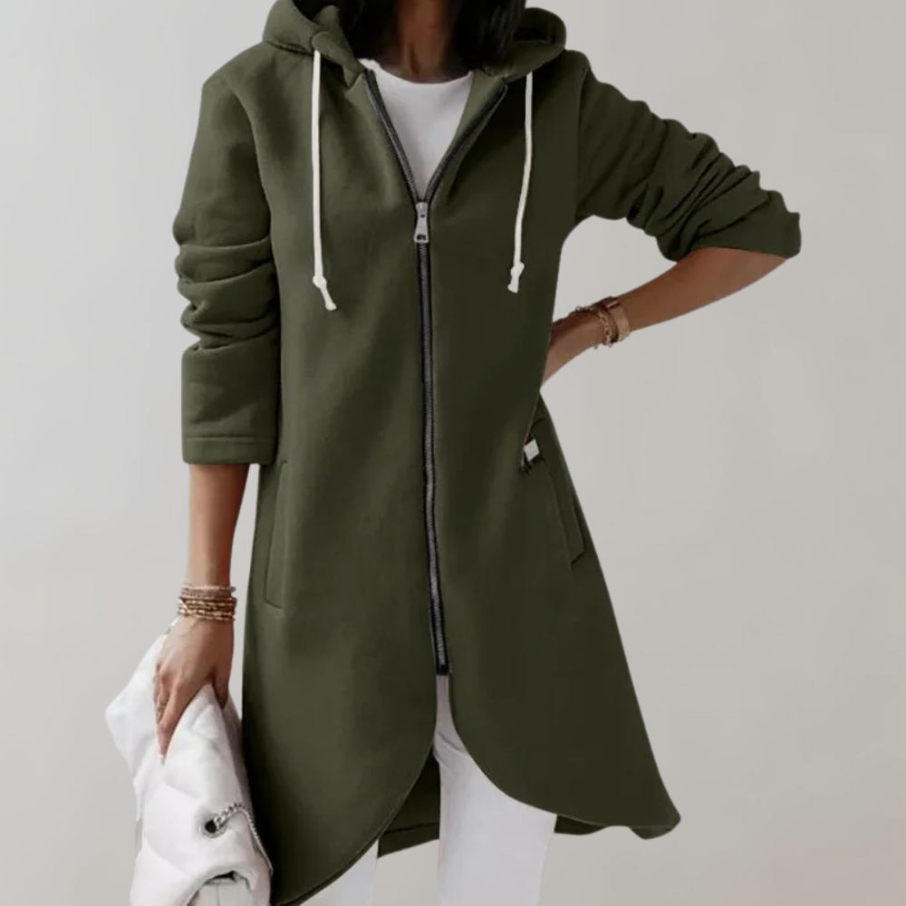 Gilet Long Zippé à Capuche en Coton Mélangé – Vert foncé