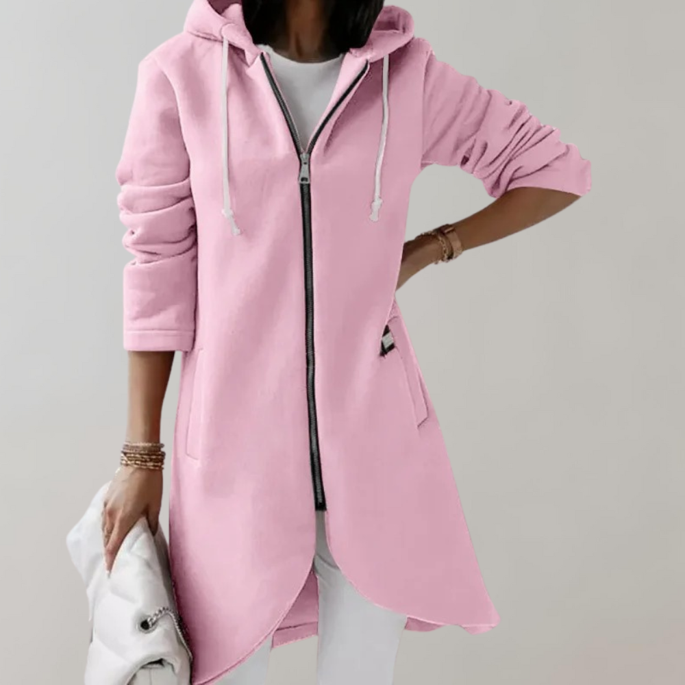 Gilet Long Zippé à Capuche en Coton Mélangé – Rose
