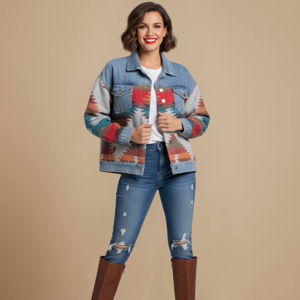 Veste en Jean Patchwork à Motifs Géométriques – Bleu