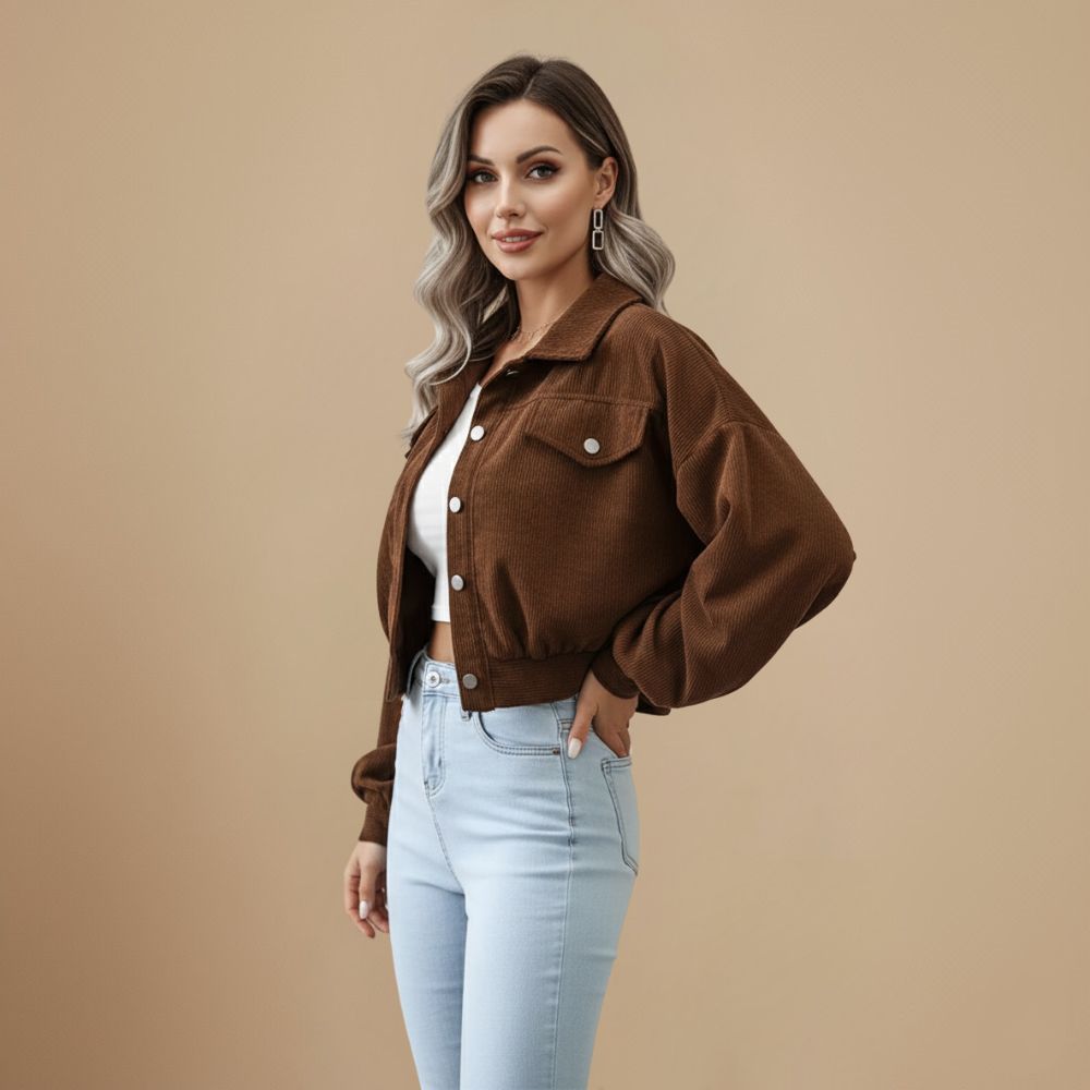 Veste Courte en Velours Côtelé à Poches Rabat – vue 2