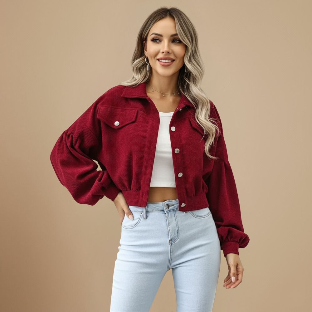Veste Courte en Velours Côtelé à Poches Rabat – Rouge