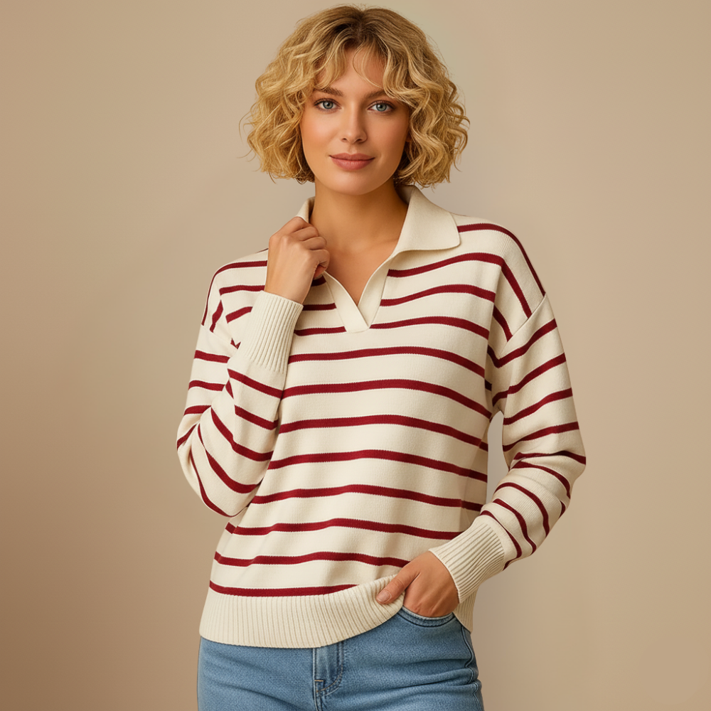 Pull Rayé Oversize à Col Polo – Rouge