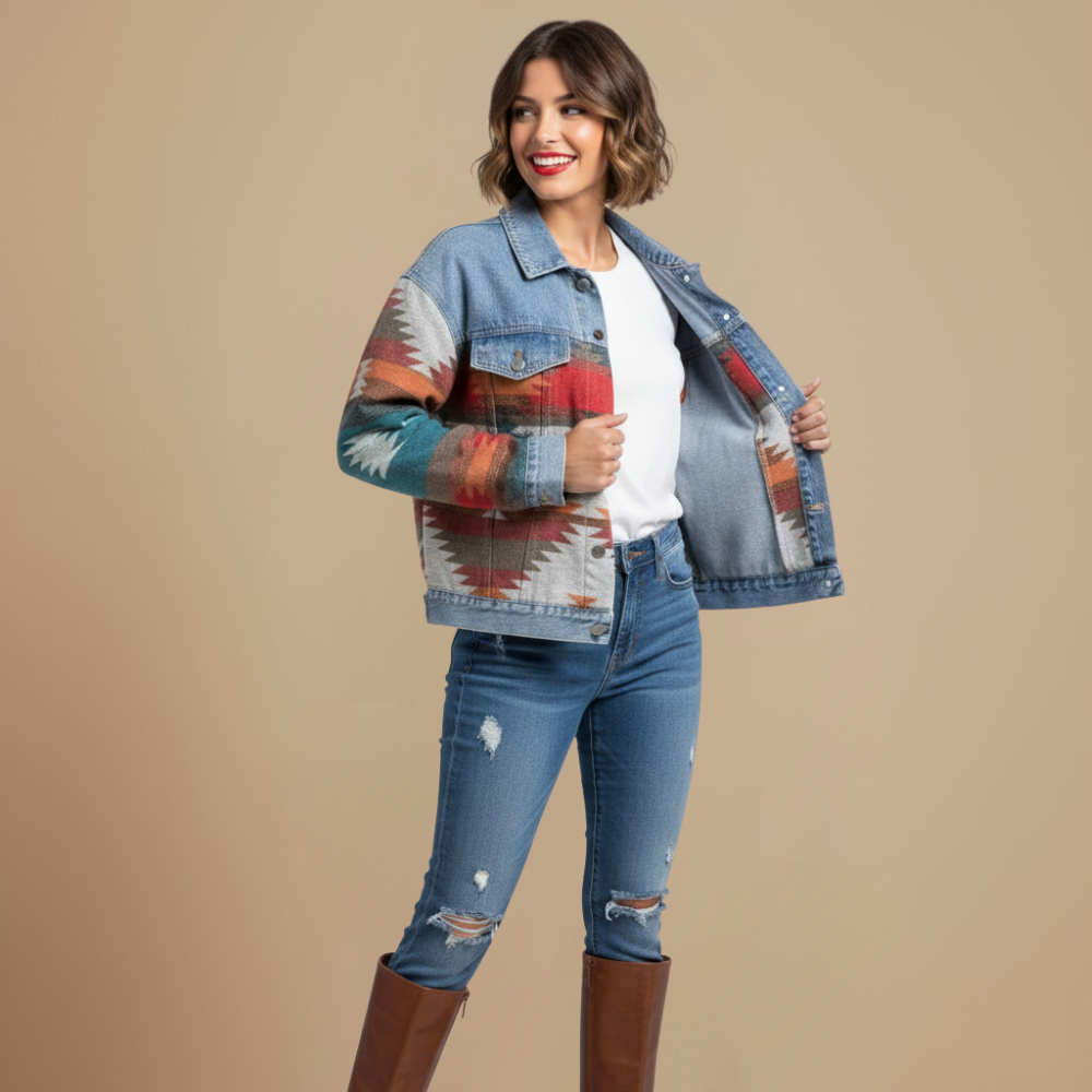Veste en Jean Patchwork à Motifs Géométriques – vue 2