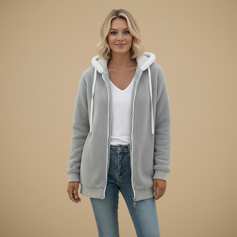 Veste Polaire Zippée à Capuche Coupe Ample – Gris clair