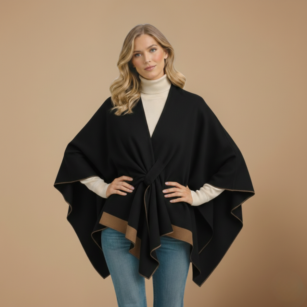 Poncho en Maille à Bordure Bicolore – Noir et camel