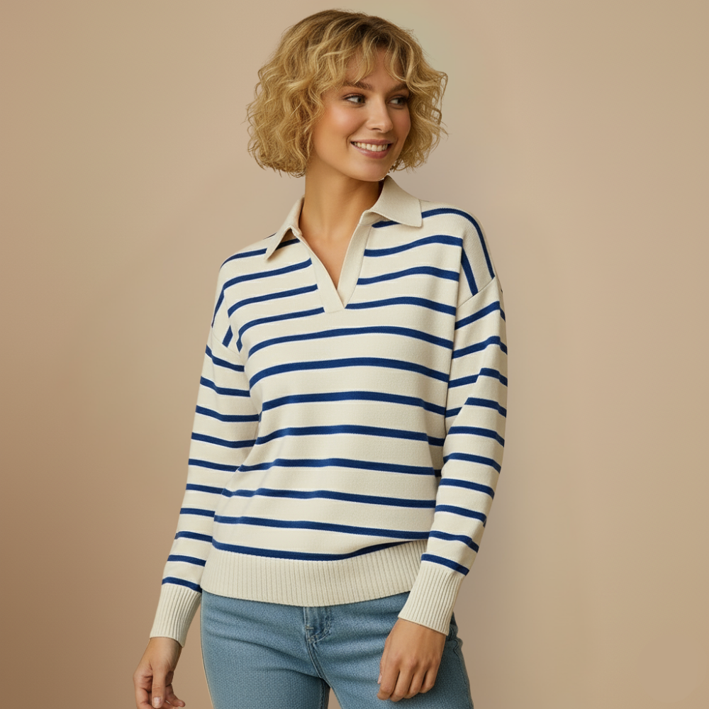 Pull Rayé Oversize à Col Polo – Bleu