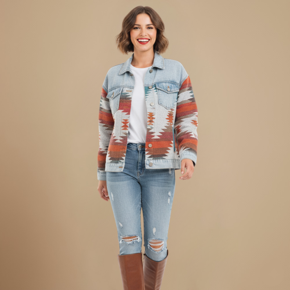 Veste en Jean Patchwork à Motifs Géométriques – Bleu clair