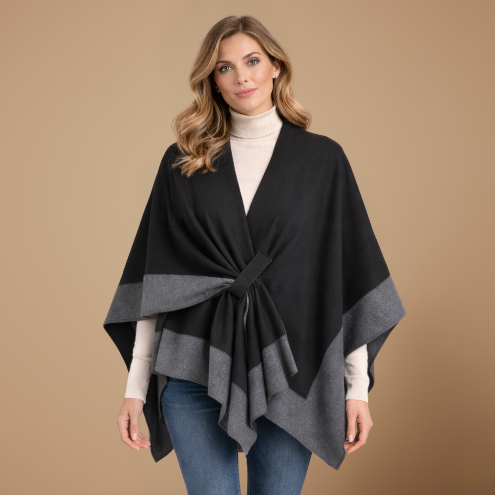 Poncho en Maille à Bordure Bicolore – Noir et gris