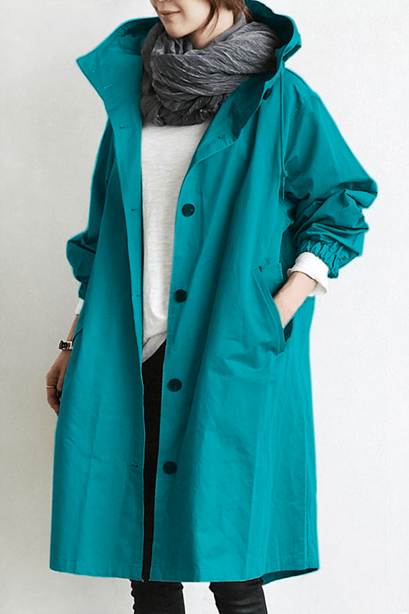 Trench à Capuche Déperlant Mi-Long – Turquoise