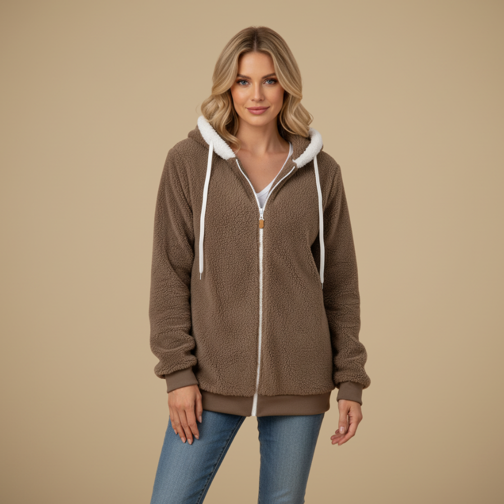 Veste Polaire Zippée à Capuche Coupe Ample – Marron