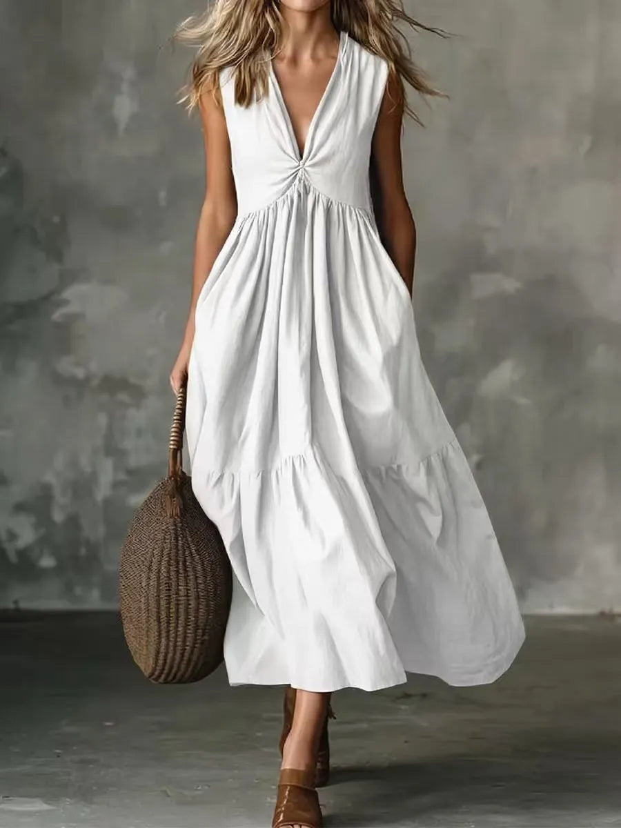 Robe Trapèze Col V Sans Manches à Poches – Blanc