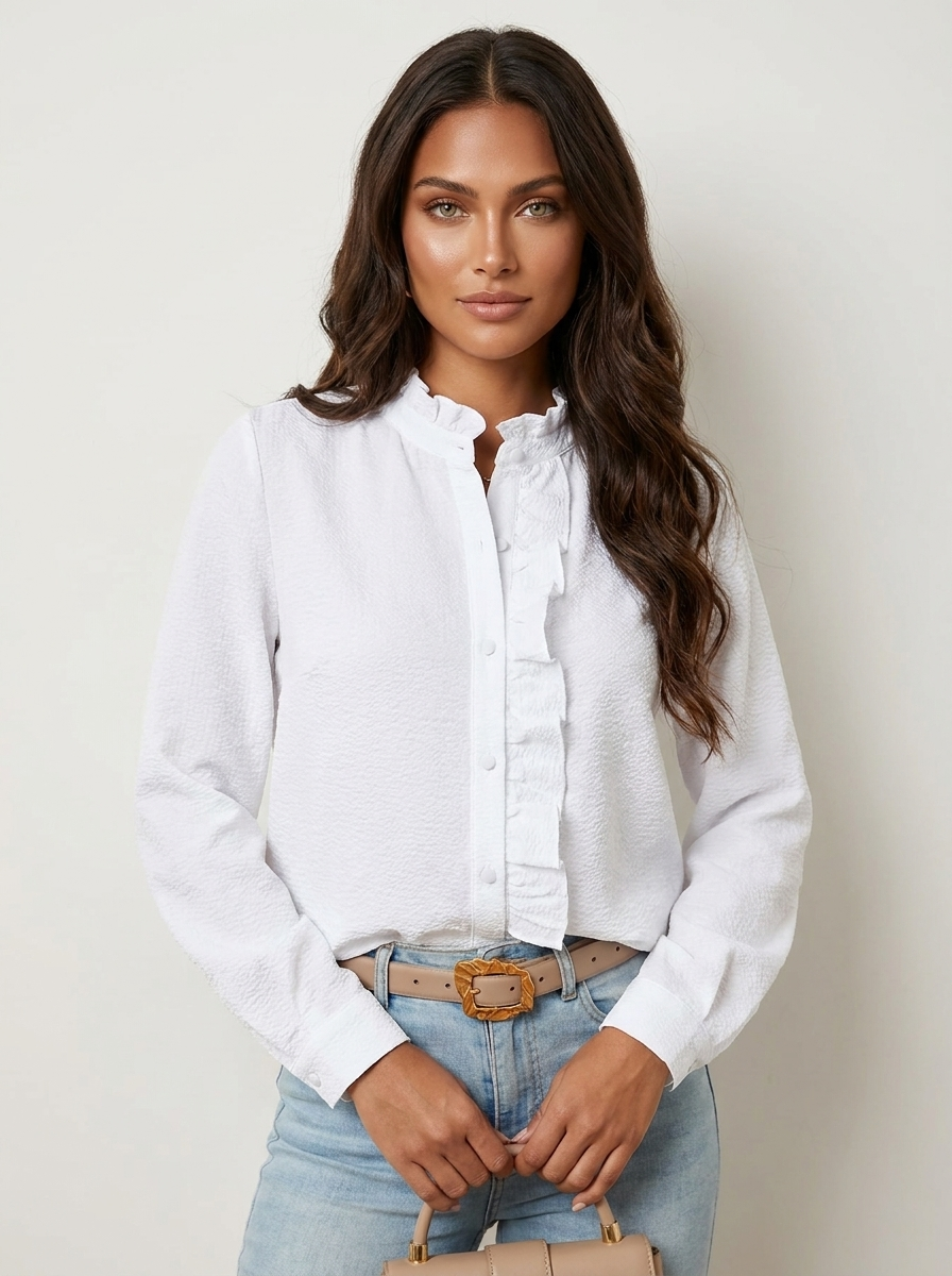Blouse à Volants Boutonnée à Manches Longues – Blanc