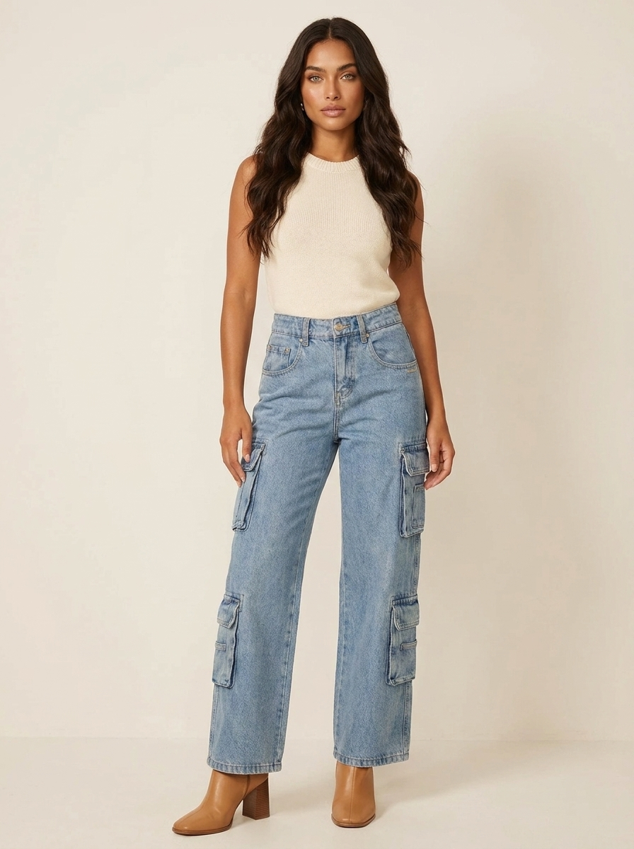 Jean Cargo Wide Leg Taille Haute – Bleu clair