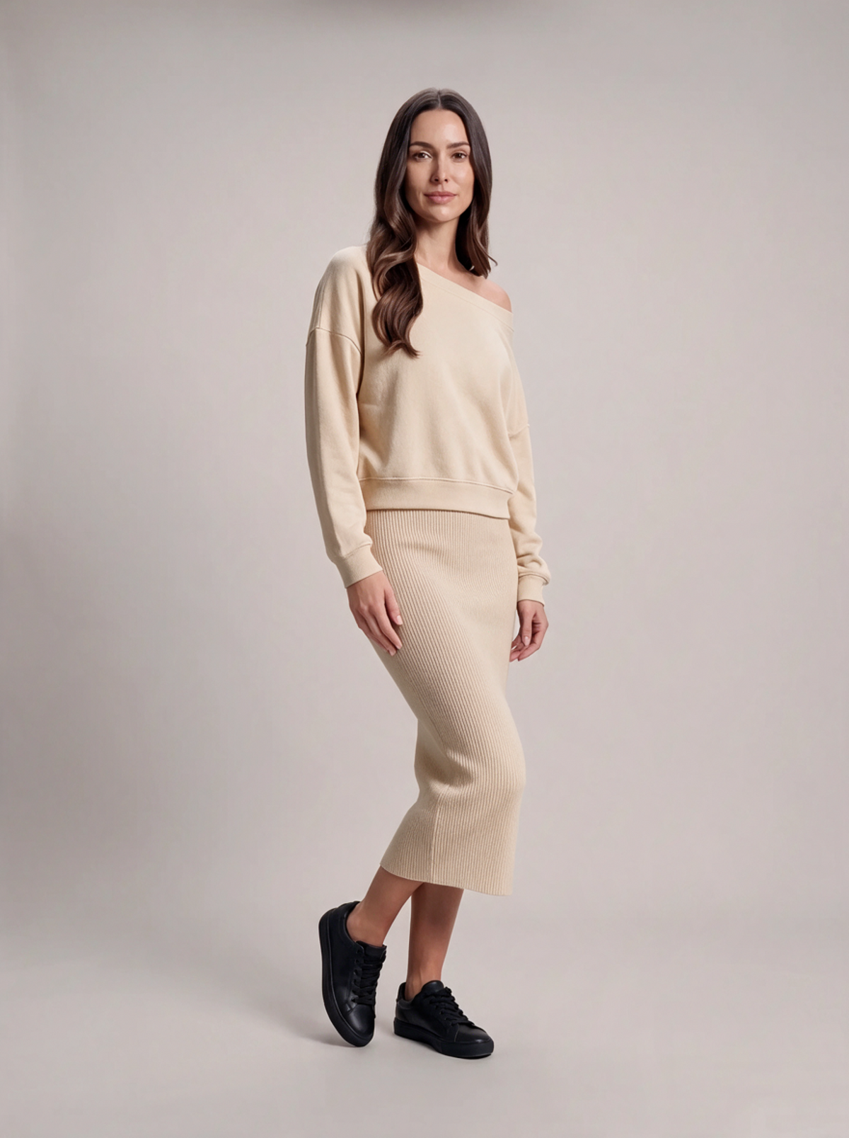 Ensemble Pull Ample et Jupe Longue en Maille – Beige