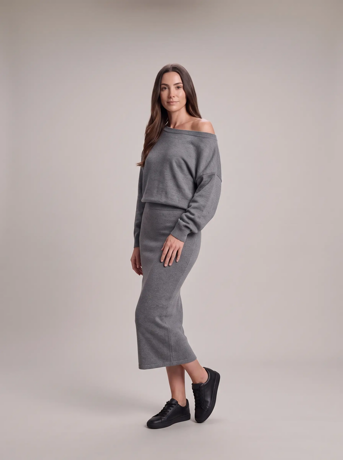 Ensemble Pull Ample et Jupe Longue en Maille – Gris