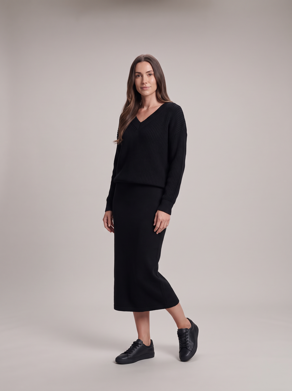 Ensemble Pull Ample et Jupe Longue en Maille – Noir