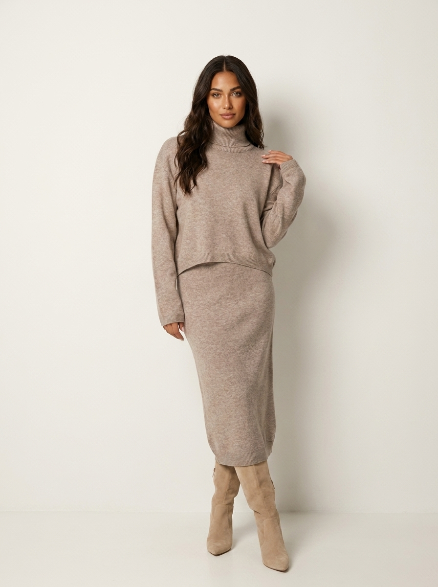 Ensemble Robe Midi et Pull Court en Maille – Beige