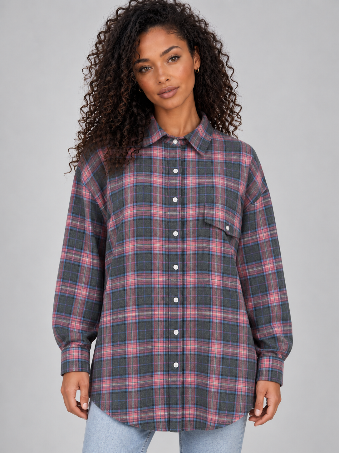 Chemise Longue Oversize à Carreaux – Rose