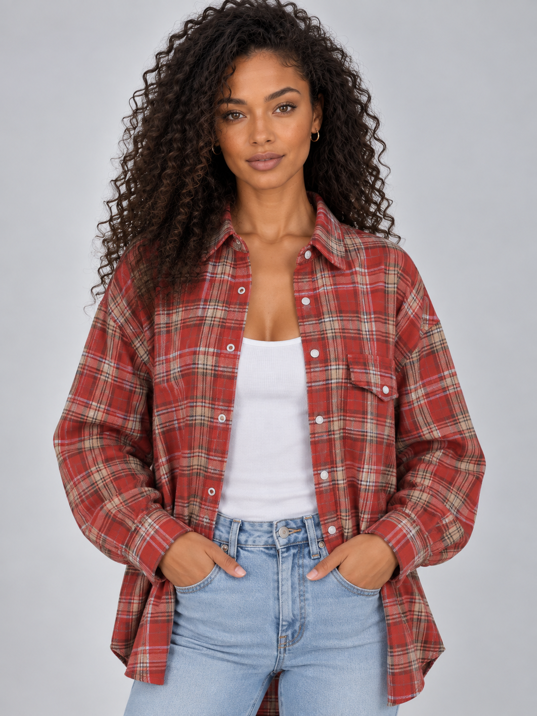Chemise Longue Oversize à Carreaux – Rouge
