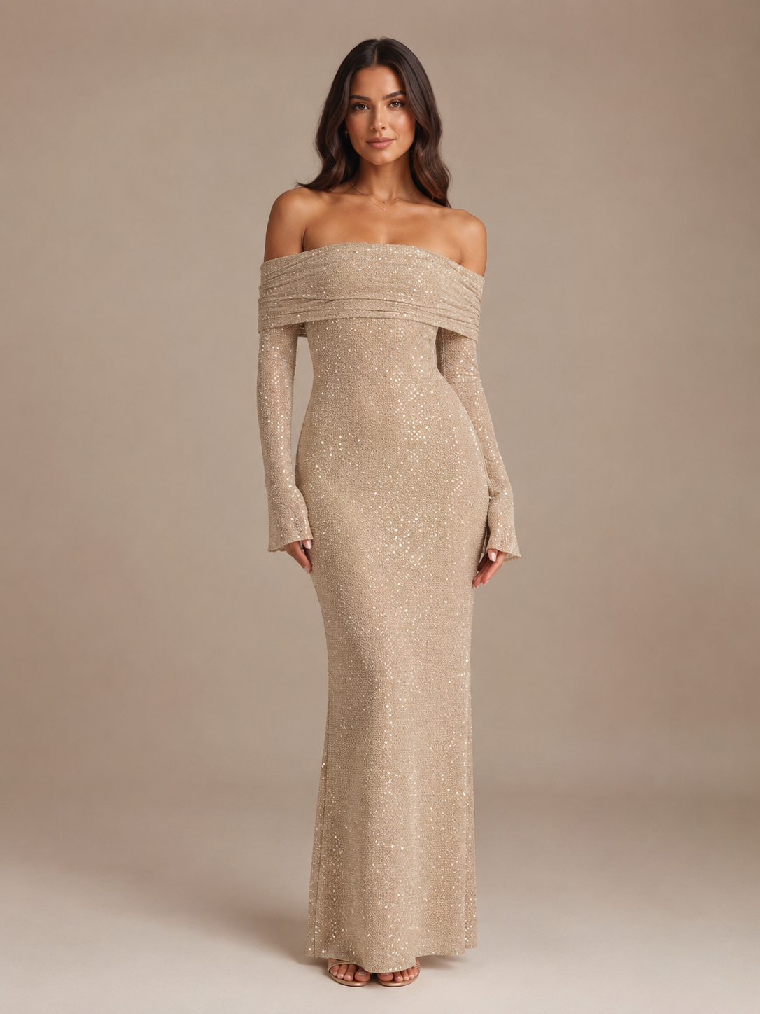 Robe Longue Pailletée Épaules Dénudées – vue 2