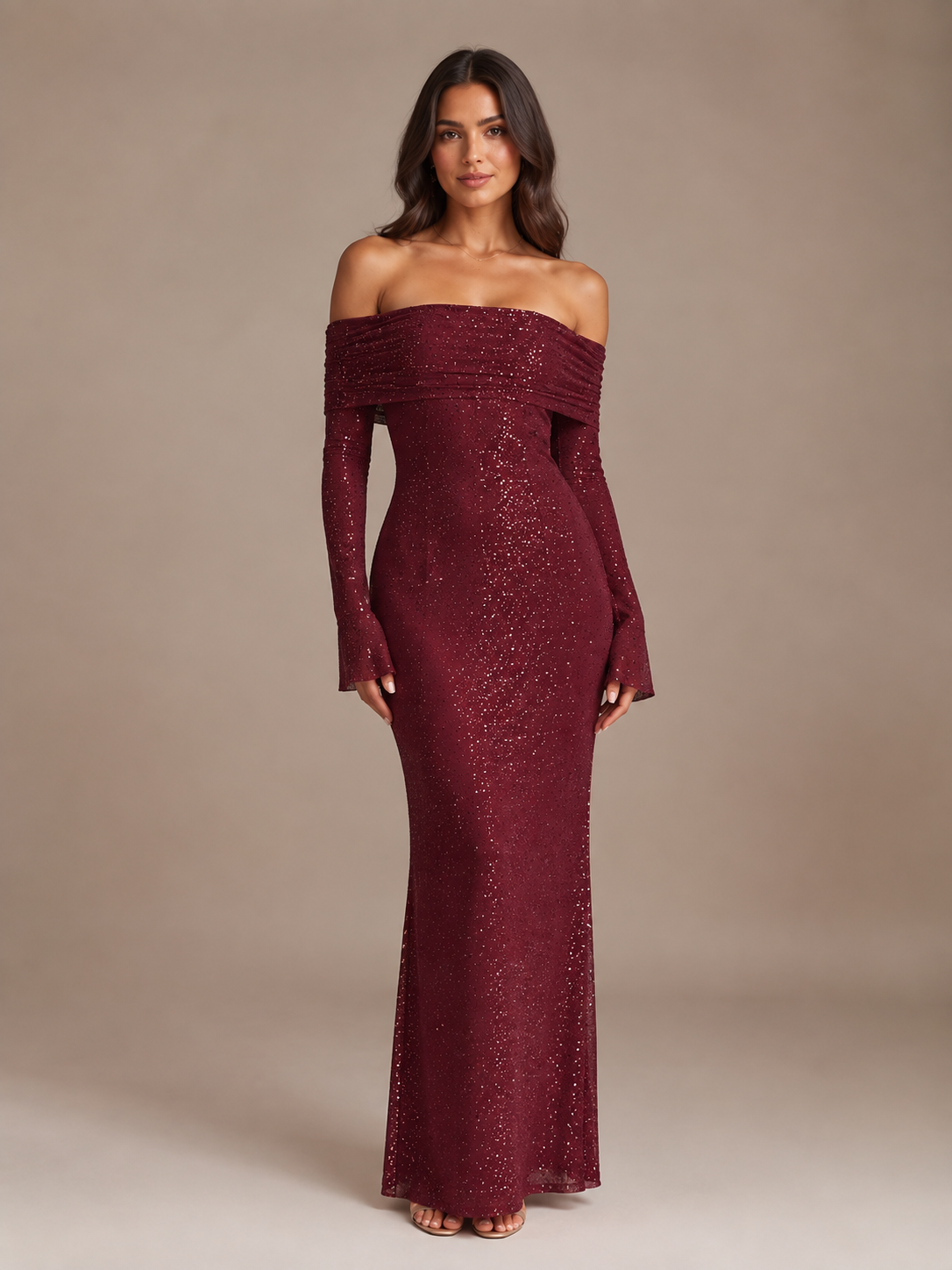 Robe Longue Pailletée Épaules Dénudées – vue 8
