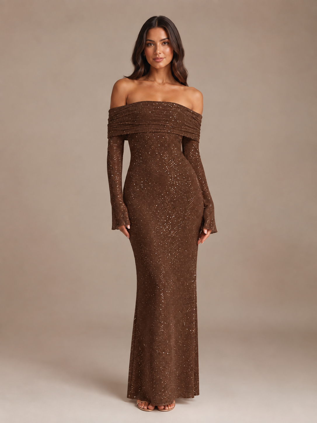 Robe Longue Pailletée Épaules Dénudées – vue 10