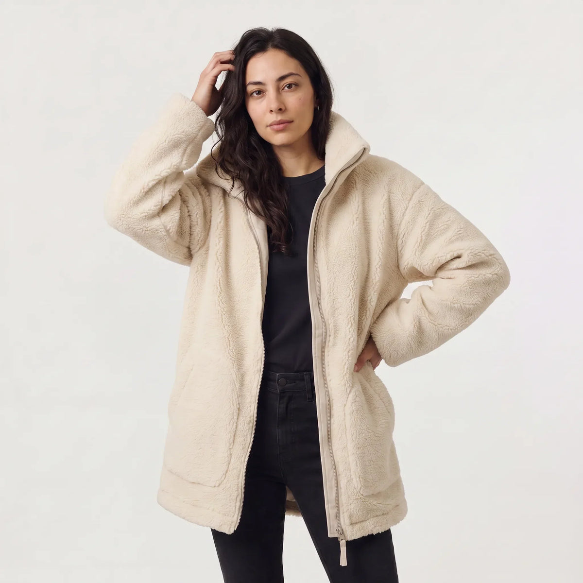 Veste Teddy Oversize Zippée Col Montant – Beige