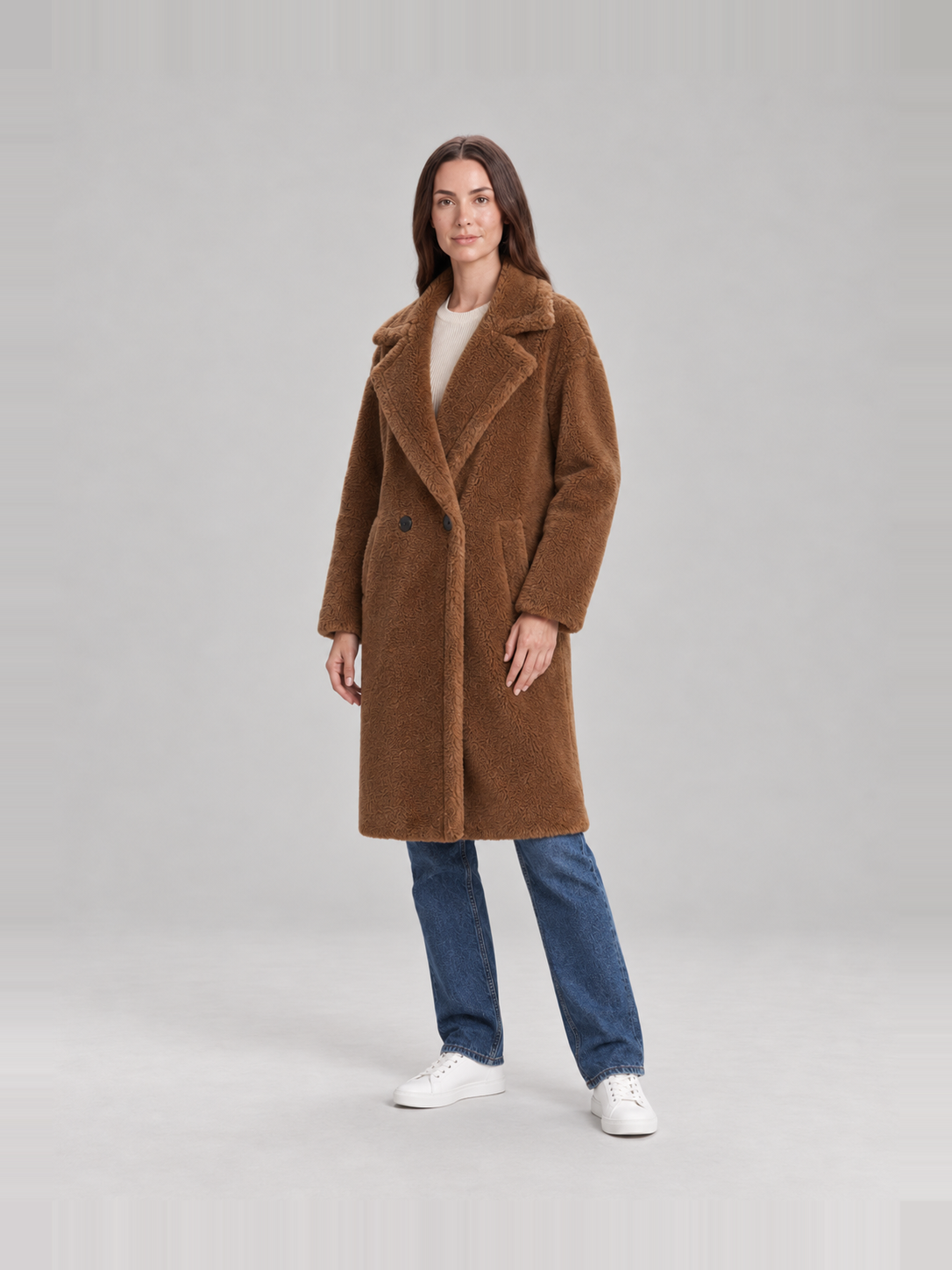 Manteau teddy long à revers femme marron, vue de face