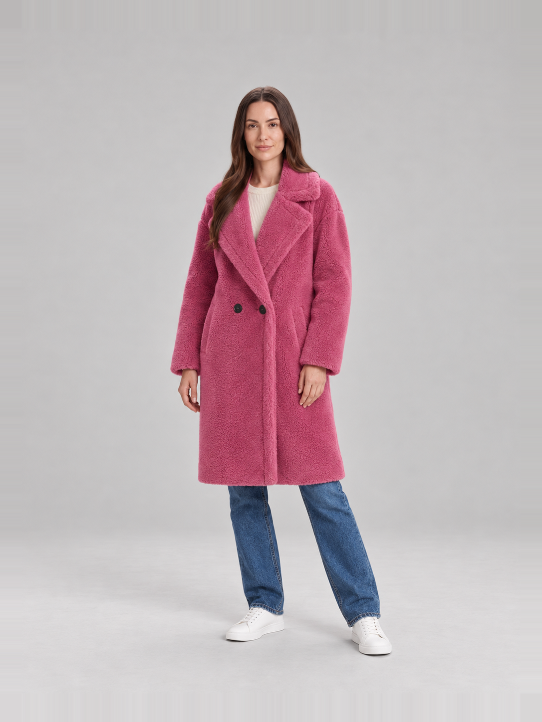 Manteau Teddy Long à Revers Femme – Fuchsia