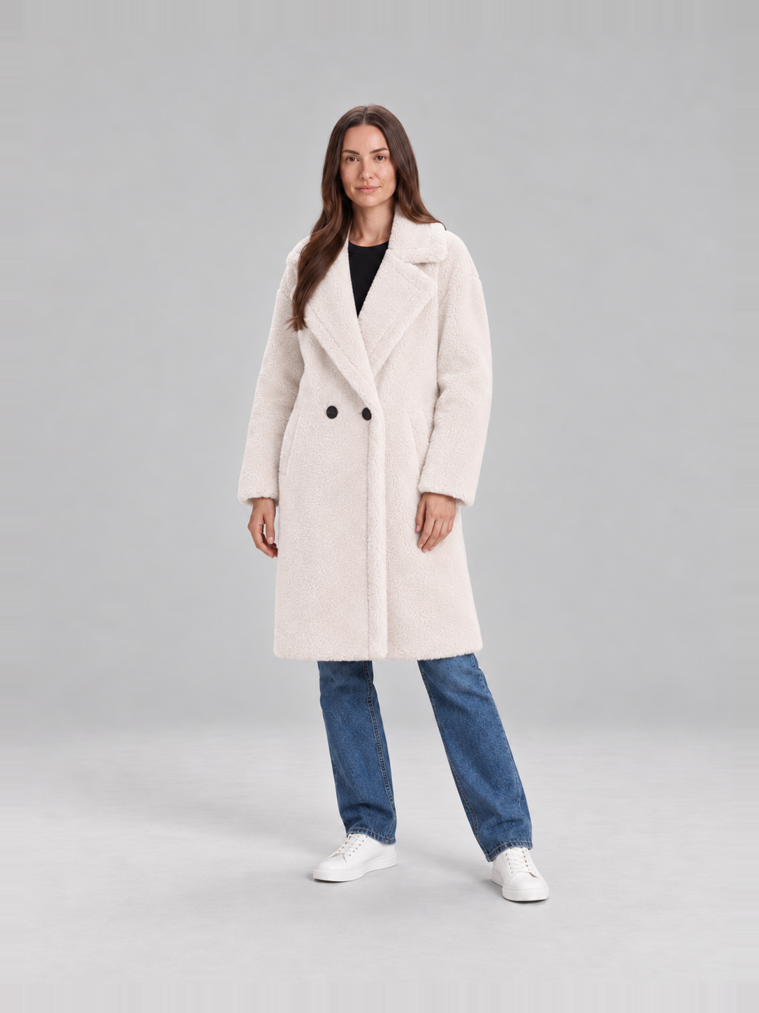 Manteau Teddy Long à Revers Femme – Blanc cassé