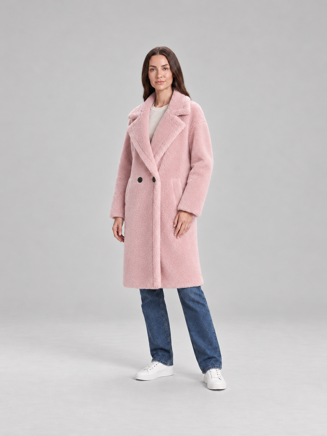 Manteau Teddy Long à Revers Femme – Rose