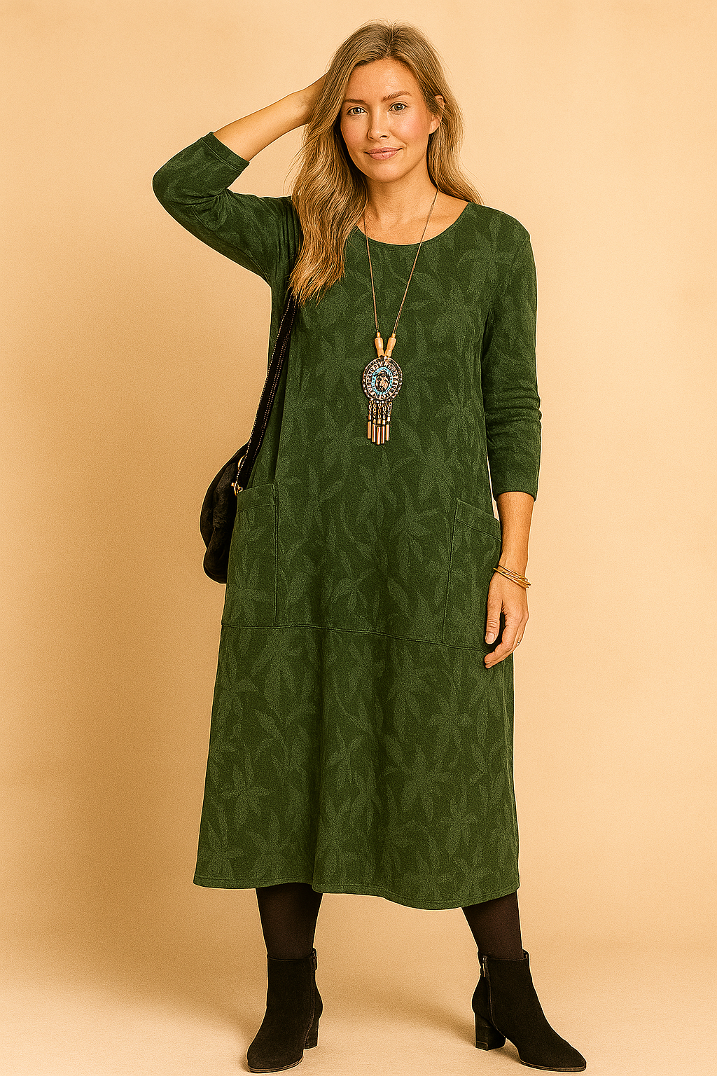 Robe d'Hiver à Manches Longues et Poches – Vert