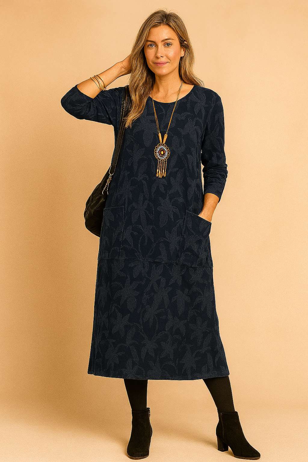 Robe d'Hiver à Manches Longues et Poches – Bleu marine
