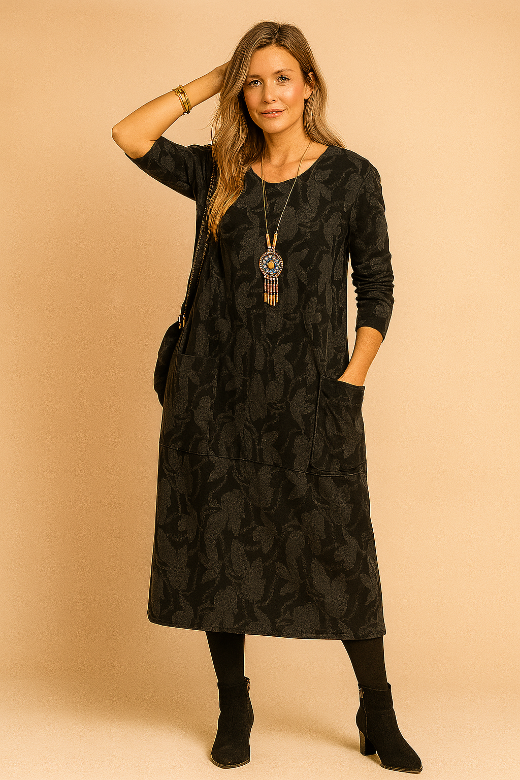 Robe d'Hiver à Manches Longues et Poches – Noir