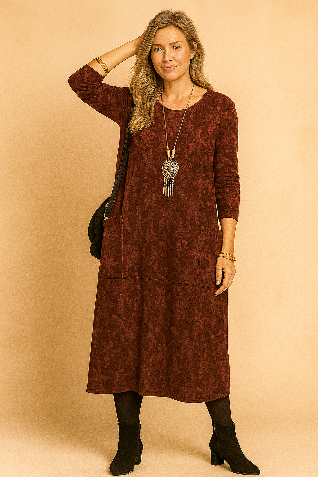 Robe d'Hiver à Manches Longues et Poches – Rouge brique