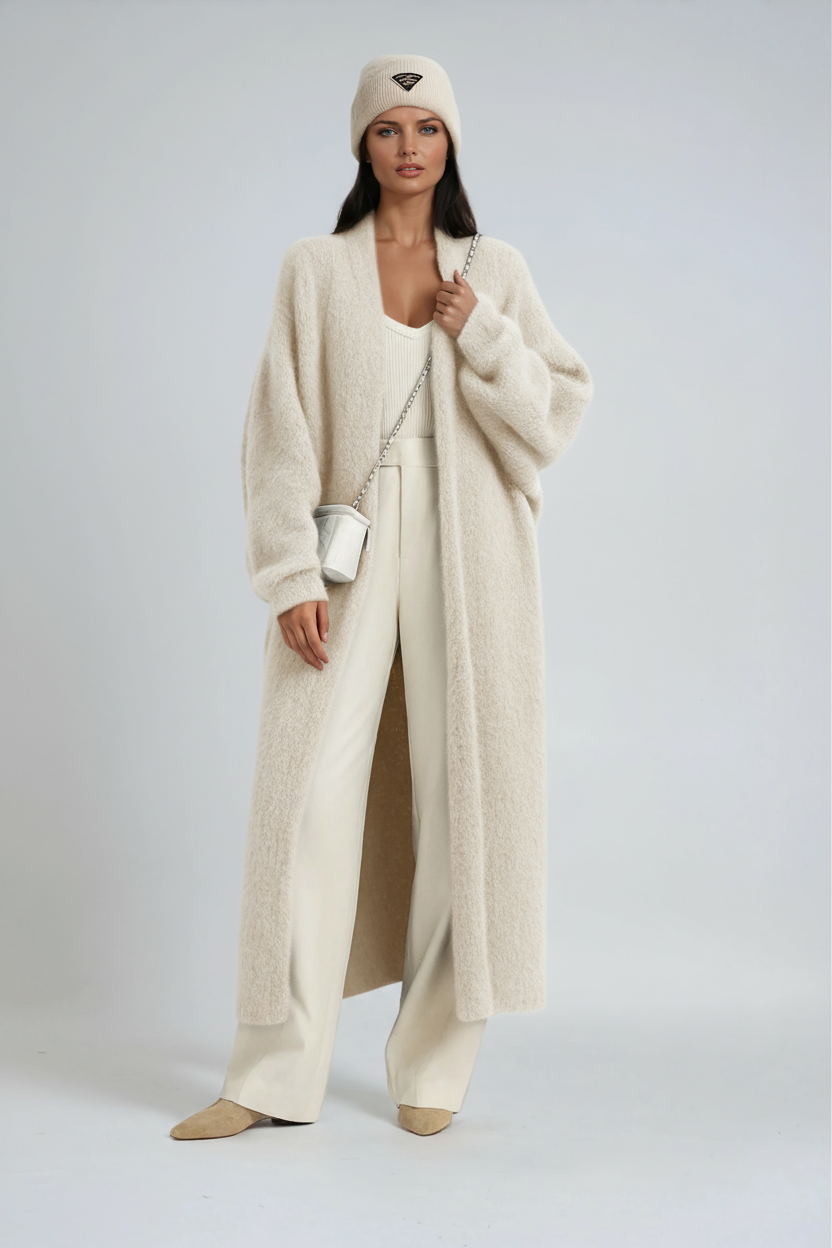Gilet Long Oversize en Maille Ouvert – Blanc