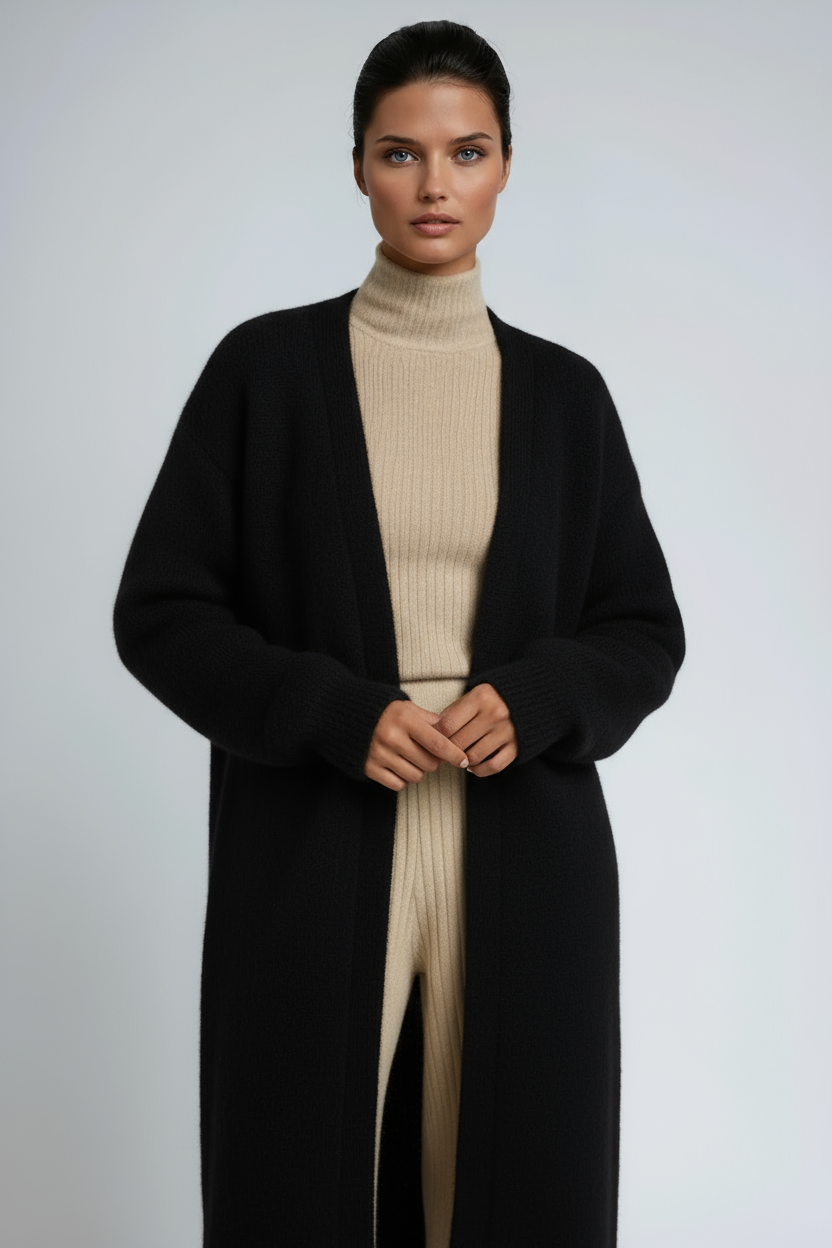 Gilet Long Oversize en Maille Ouvert – Noir