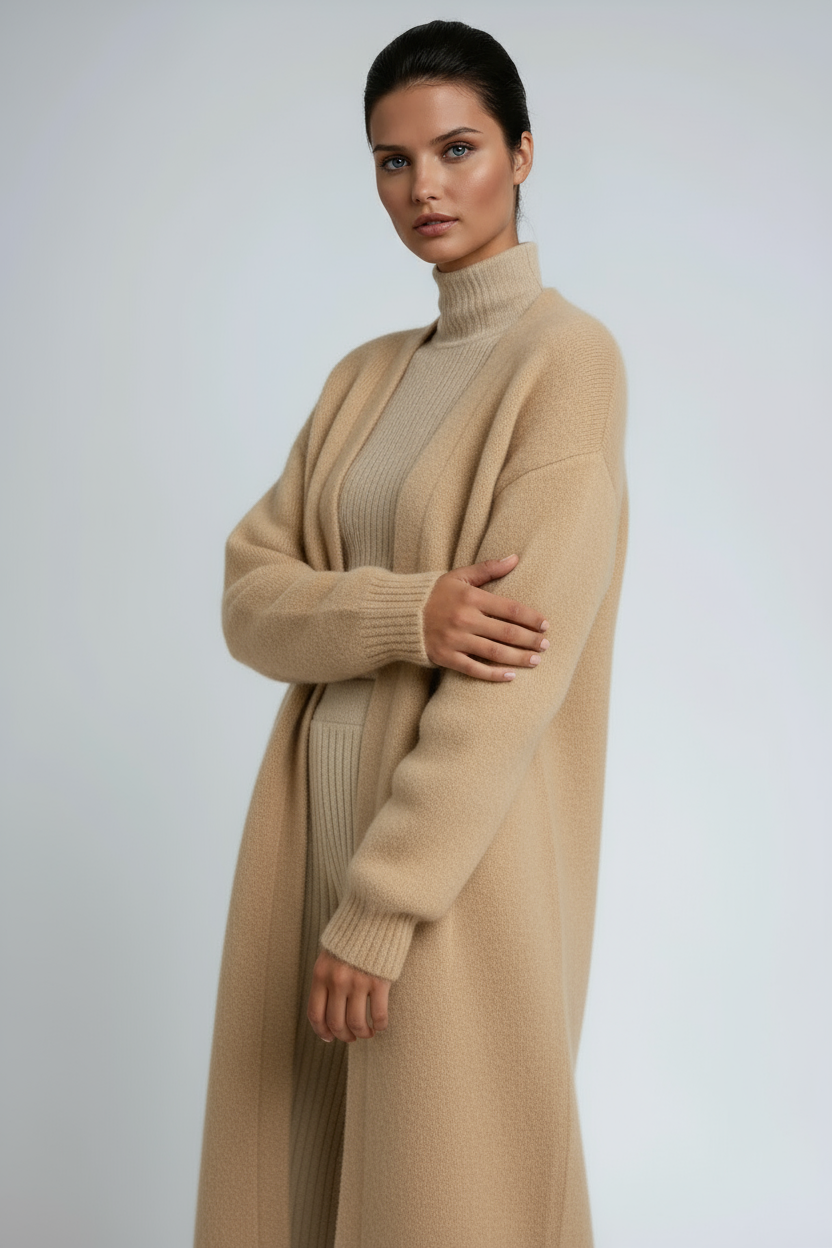 Gilet Long Oversize en Maille Ouvert – Kaki