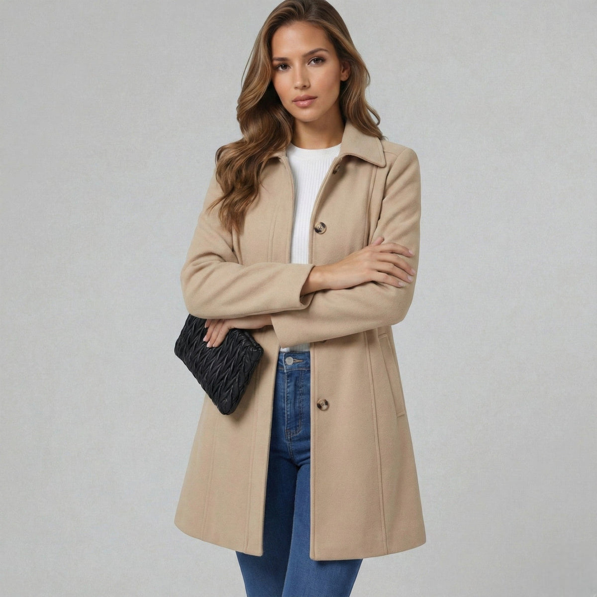 Manteau Ligne A Boutonné à Col Classique – Beige